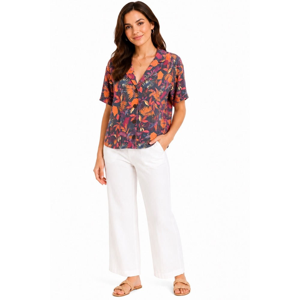 Nicole Miller‎ NY Tropical Leaf Print Lyocell Button Front Resort Camp Shirt S